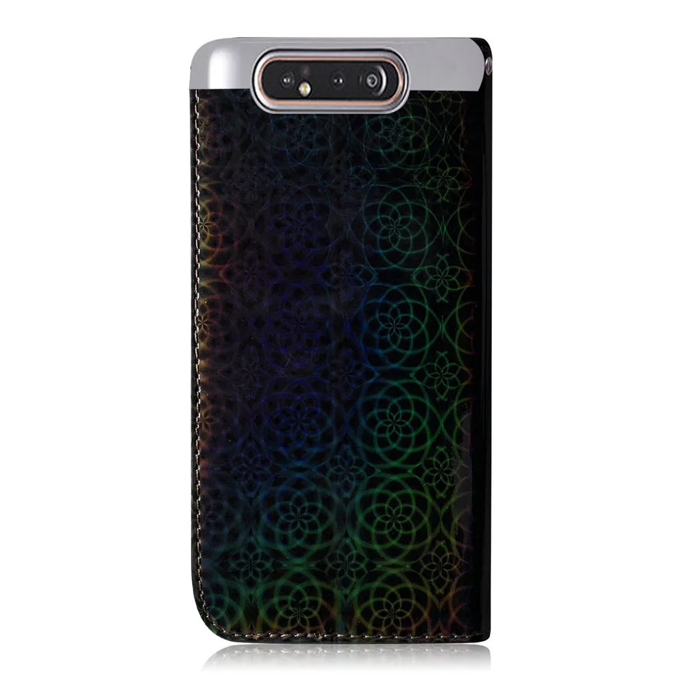 For Samsung Galaxy A80 / A90 Clean Color Flower Pattern Wallet Stand Leather Phone Cover Protective Phone Case with Lanyard - Black - 3