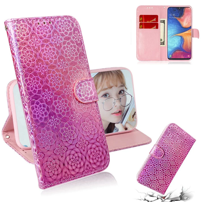 Phone Case for Samsung Galaxy A20e Flower Pattern TPU + PU Leather Stand Wallet Phone Cover Shell - Pink - 1