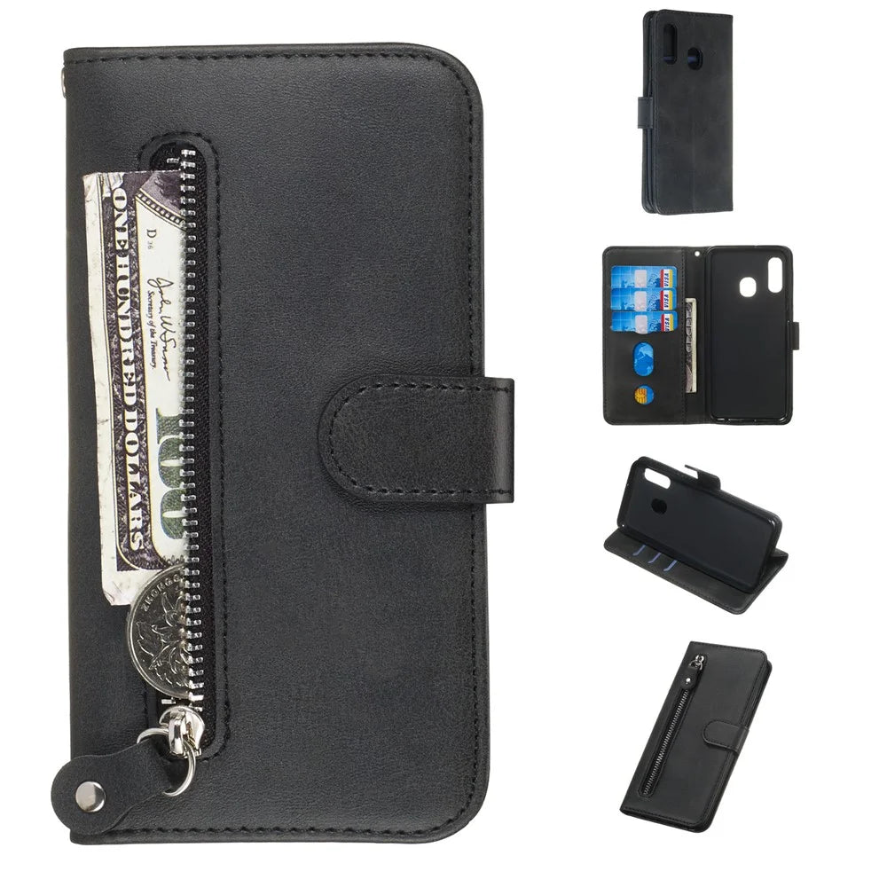 Zipper Pocket Wallet Stand Flip Leather Phone Shell for Samsung Galaxy A20e - Black - 1