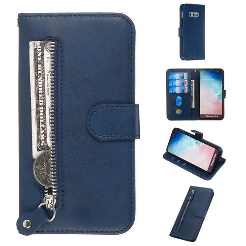 Zipper Pocket Magnetic Leather Wallet Case for Samsung Galaxy S10e - Blue - 1