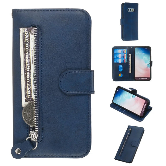 Zipper Pocket Magnetic Leather Wallet Case for Samsung Galaxy S10e - Blue - 1