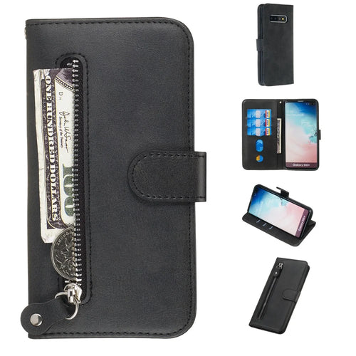 Zipper Wallet Leather Stand Protective Phone Casing with Stand for Samsung Galaxy S10 Plus - Black - 1