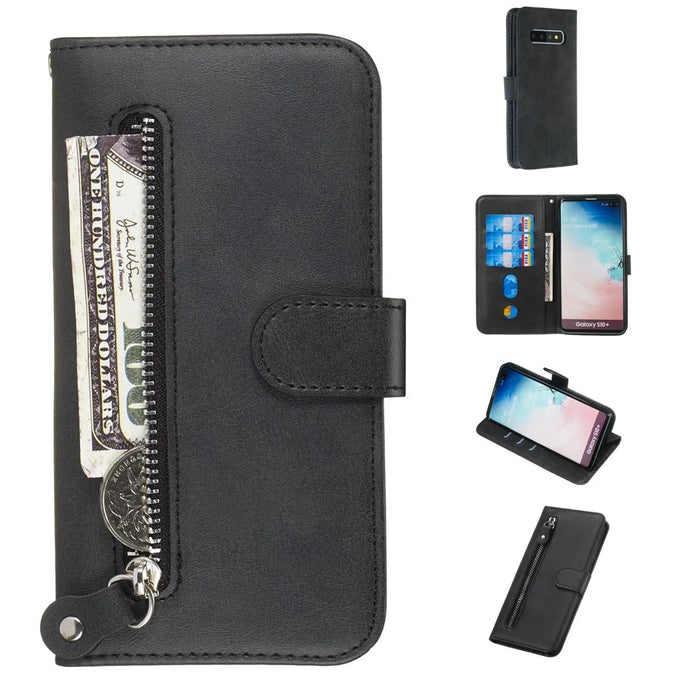 Zipper Wallet Leather Stand Protective Phone Casing with Stand for Samsung Galaxy S10 Plus - Black - 1