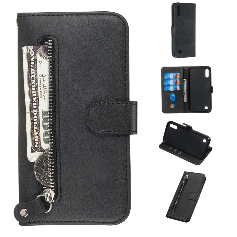 Zipper Pocket Wallet Stand Flip Leather Phone Case for Samsung Galaxy A10/Galaxy M10 - Black - 1