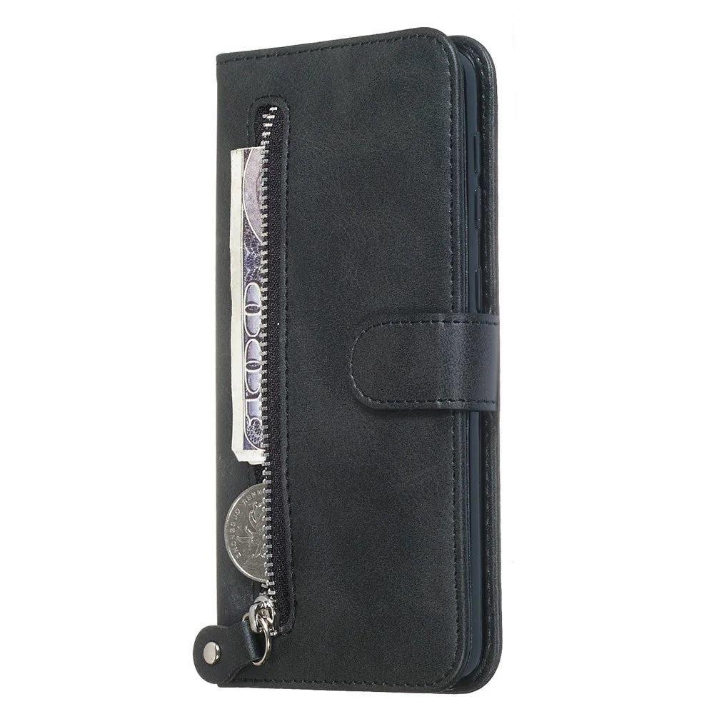 Zipper Pocket Wallet Stand Flip Leather Phone Case for Samsung Galaxy A10/Galaxy M10 - Black - 7