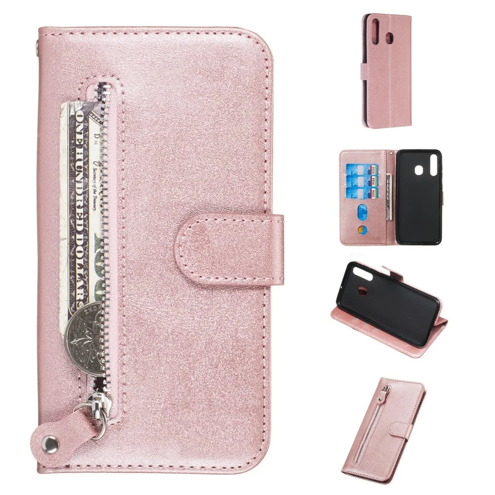 Zipper Pocket Leather Wallet Stand Case for Samsung Galaxy A20/A30 - Rose Gold - 1