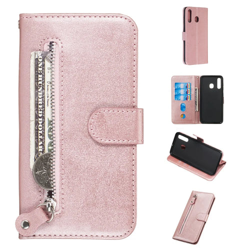 Zipper Pocket Leather Wallet Stand Case for Samsung Galaxy A20/A30 - Rose Gold - 1