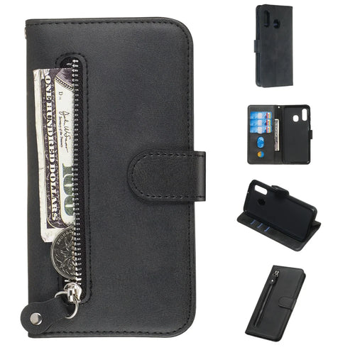 Zipper Pocket Leather Wallet Case for Samsung Galaxy A40 - Black - 1