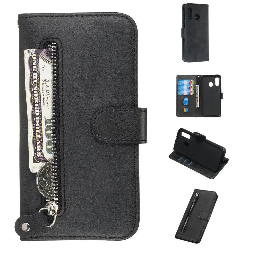 Zipper Pocket Leather Wallet Case for Samsung Galaxy A40 - Black - 1