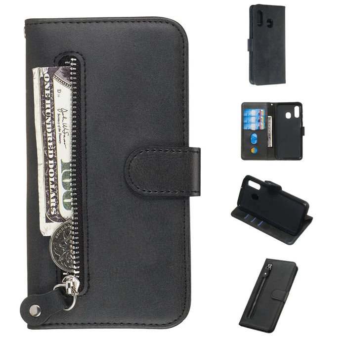 Zipper Pocket Leather Wallet Case for Samsung Galaxy A40 - Black - 1