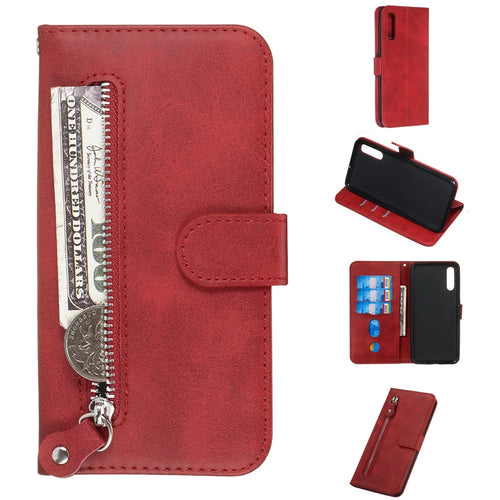 Zipper Pocket Wallet Stand Flip Leather Phone Cover for Samsung Galaxy A50/A50s/A30s - Red - 1