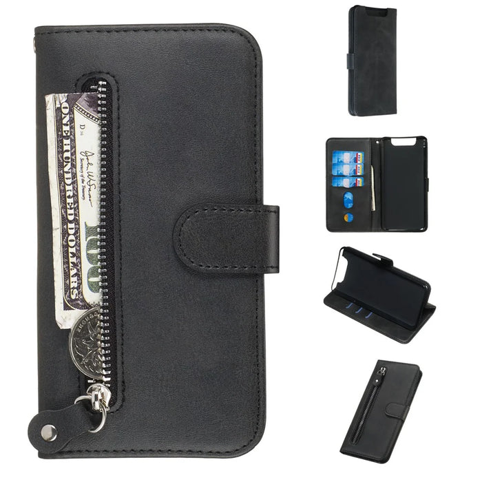 Zipper Pocket Wallet Stand Flip Leather Phone Cover for Samsung Galaxy A80/A90 - Black - 1