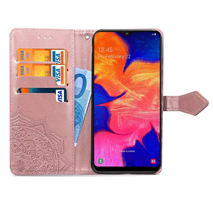 Embossed Mandala Flower Wallet Leather Case for Samsung Galaxy A10 - Pink - 6
