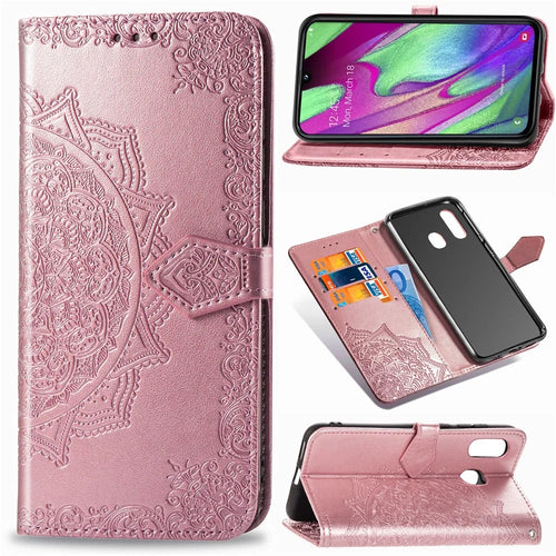 Embossed Mandala Flower Leather Wallet Case for Samsung Galaxy A40 - Rose Gold - 1