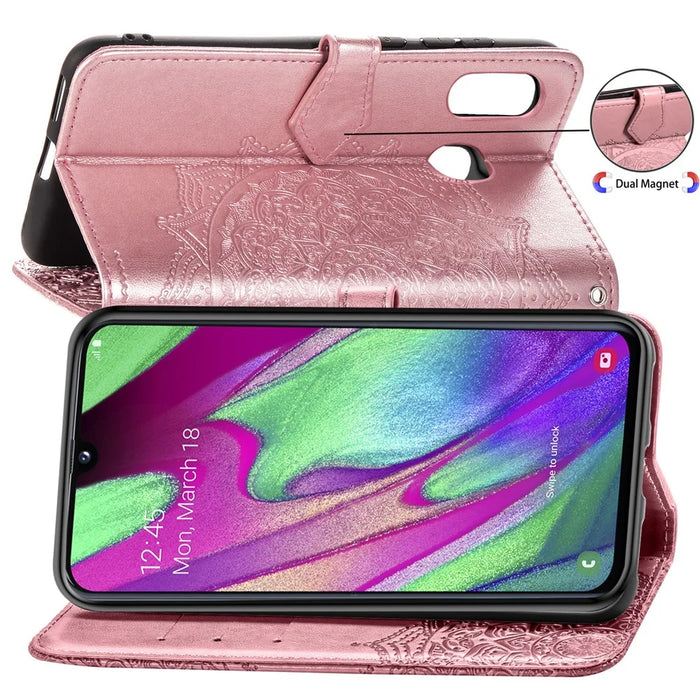 Embossed Mandala Flower Leather Wallet Case for Samsung Galaxy A40 - Rose Gold - 7