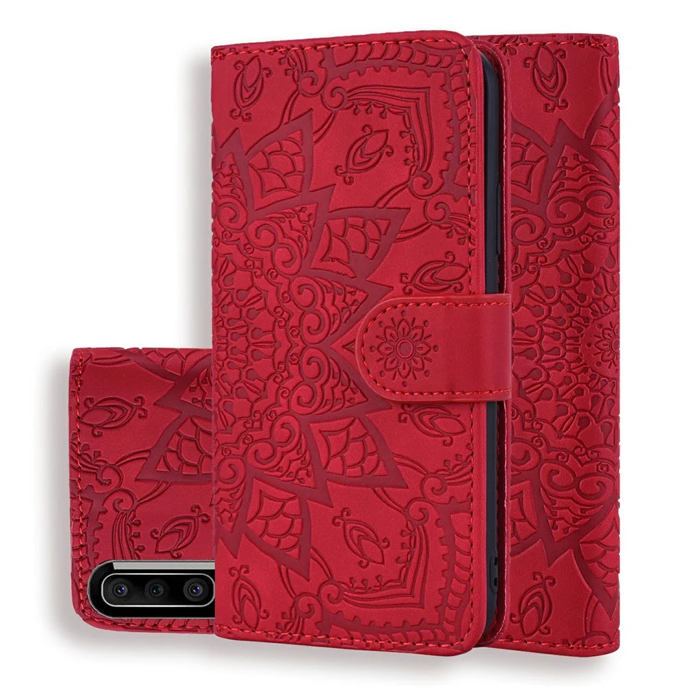 Imprint Mandala Flower Stand Wallet Leather Case Shell Cover for Samsung Galaxy A50/A50s/A30s - Red - 1