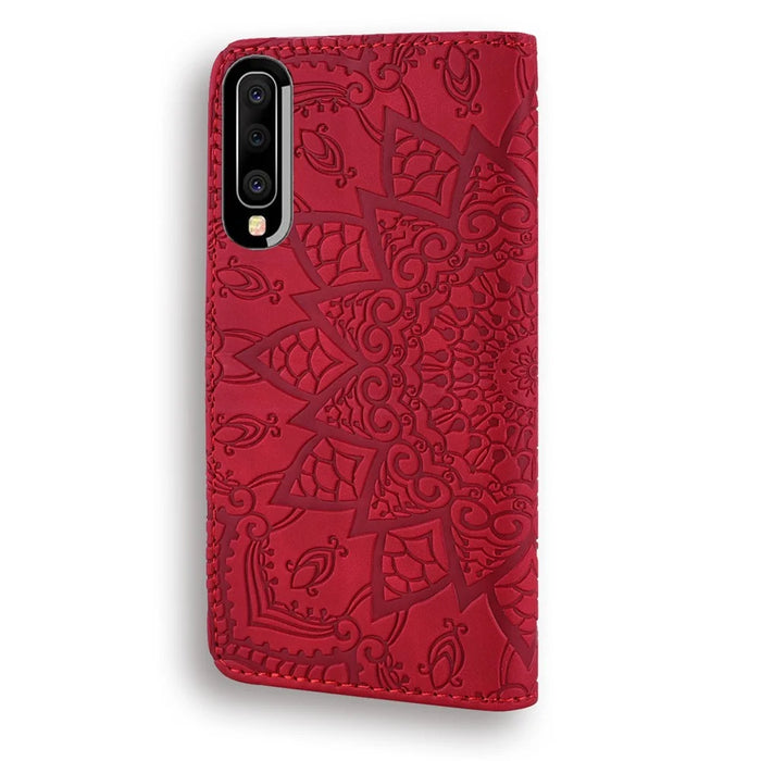 Imprint Mandala Flower Stand Wallet Leather Case Shell Cover for Samsung Galaxy A50/A50s/A30s - Red - 4