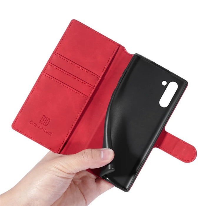DG.MING Retro Style Leather Wallet Stand Case for Samsung Galaxy Note 10/Note 10 5G -  Red - 2