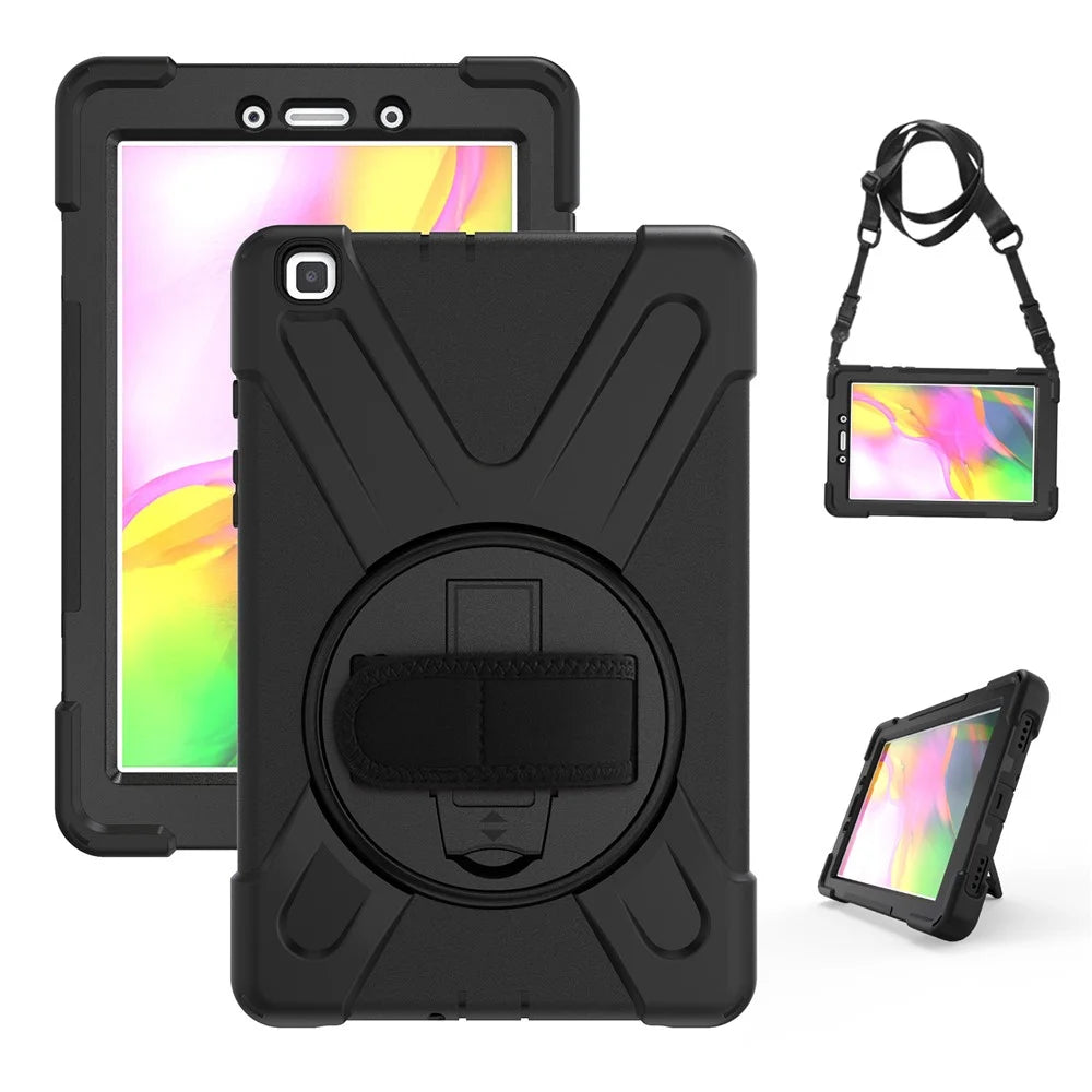 X-Shape PC + TPU Combo Case / 360 Degree Swivel Kickstand / Hand Strap and Shoulder Strap for Samsung Galaxy Tab A 8.0 (2019) SM-T290 SM-T295 - Black - 1