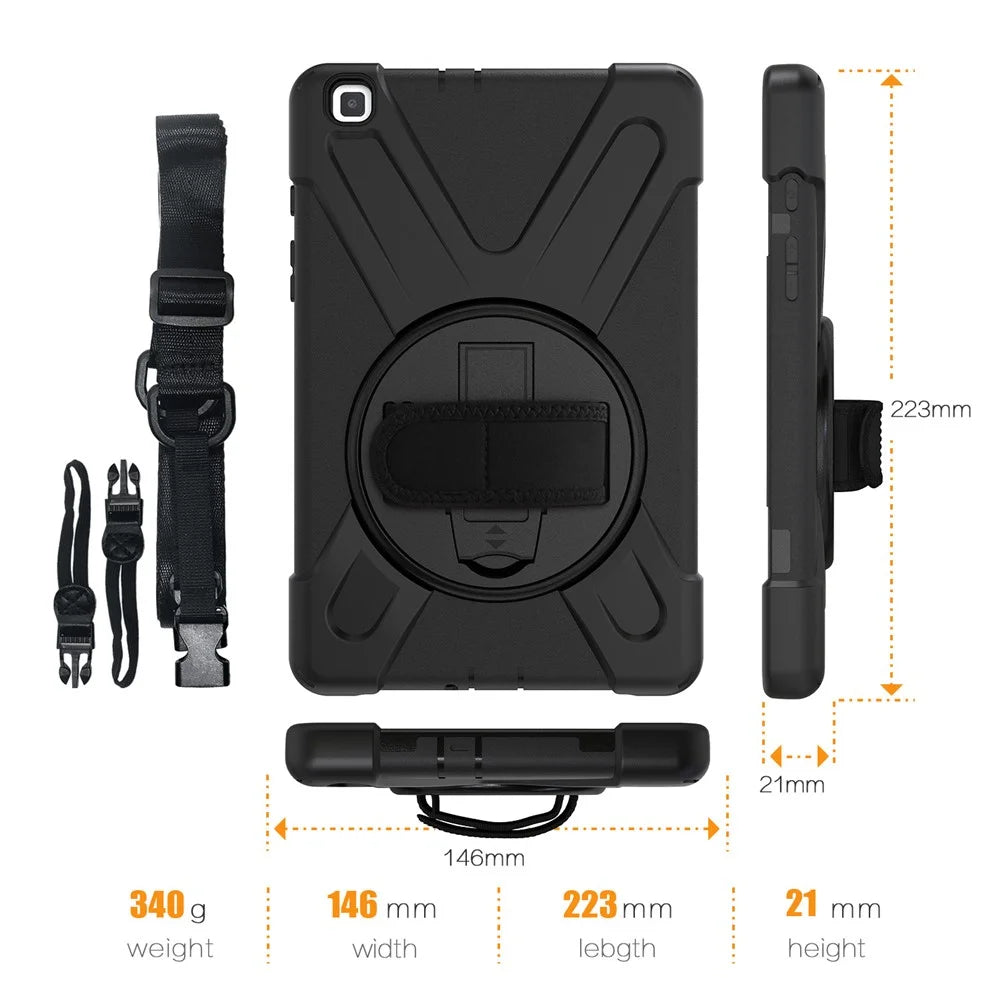 X-Shape PC + TPU Combo Case / 360 Degree Swivel Kickstand / Hand Strap and Shoulder Strap for Samsung Galaxy Tab A 8.0 (2019) SM-T290 SM-T295 - Black - 5