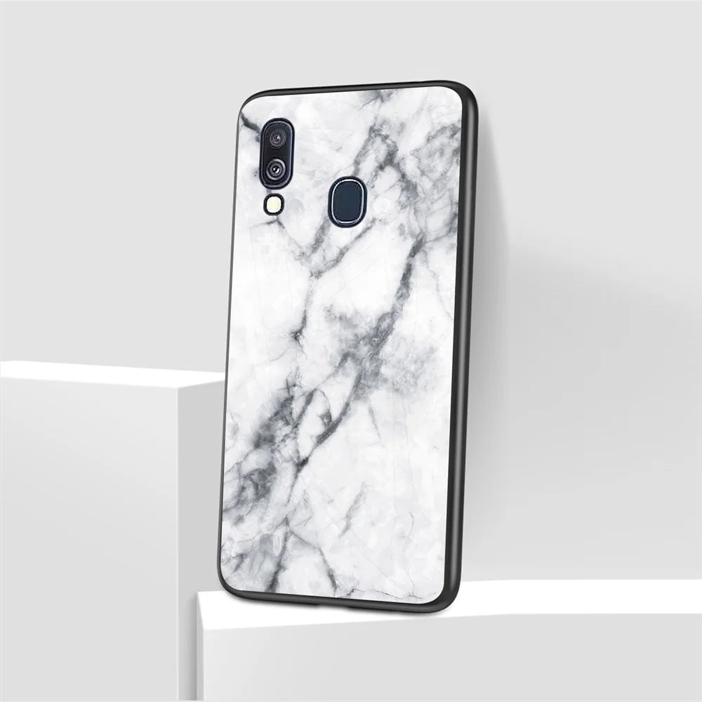 Marble Grain Pattern Tempered Glass PC + TPU Combo Case for Samsung Galaxy A40 - White - 1