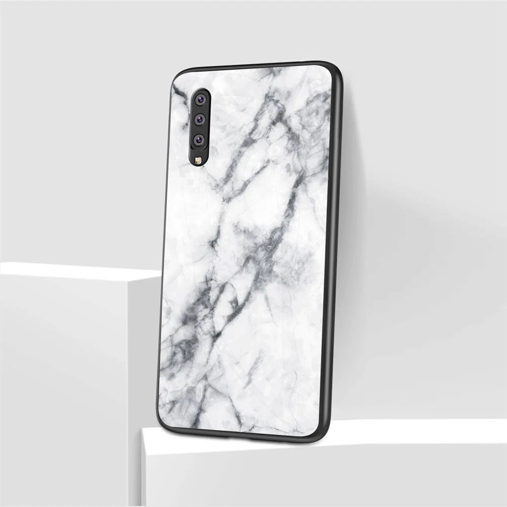 Marble Grain Pattern Tempered Glass PC + TPU Phone Shell for Samsung Galaxy A50/A50s/A30s - White - 1