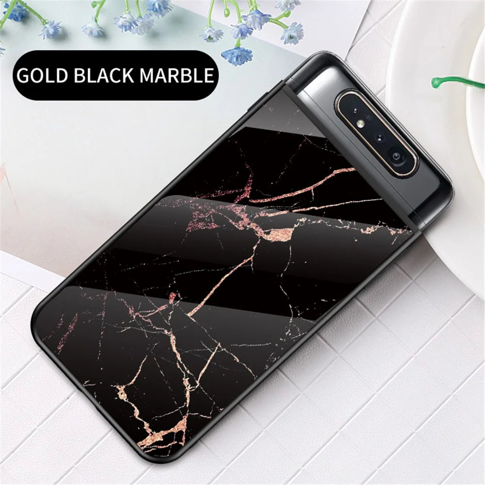 Marble Grain Pattern Tempered Glass PC + TPU Back Shell for Samsung Galaxy A80/A90 - Black/Gold - 2