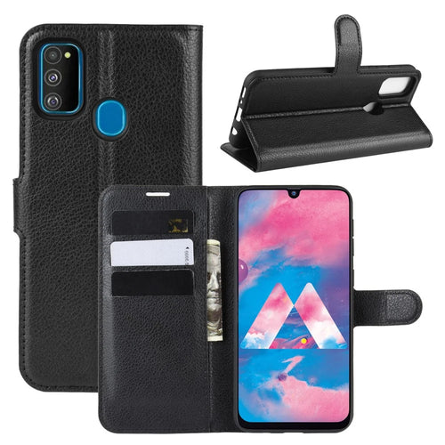 Litchi Skin Leather Stand Phone Shell Wallet Case for Samsung Galaxy M21 / M30s - Black - 1