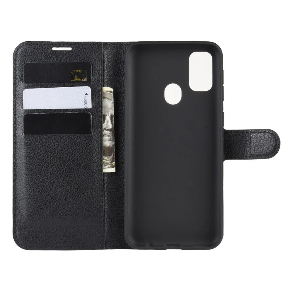 Litchi Skin Leather Stand Phone Shell Wallet Case for Samsung Galaxy M21 / M30s - Black - 3
