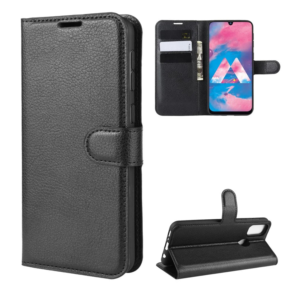 Litchi Skin Leather Stand Phone Shell Wallet Case for Samsung Galaxy M21 / M30s - Black - 7
