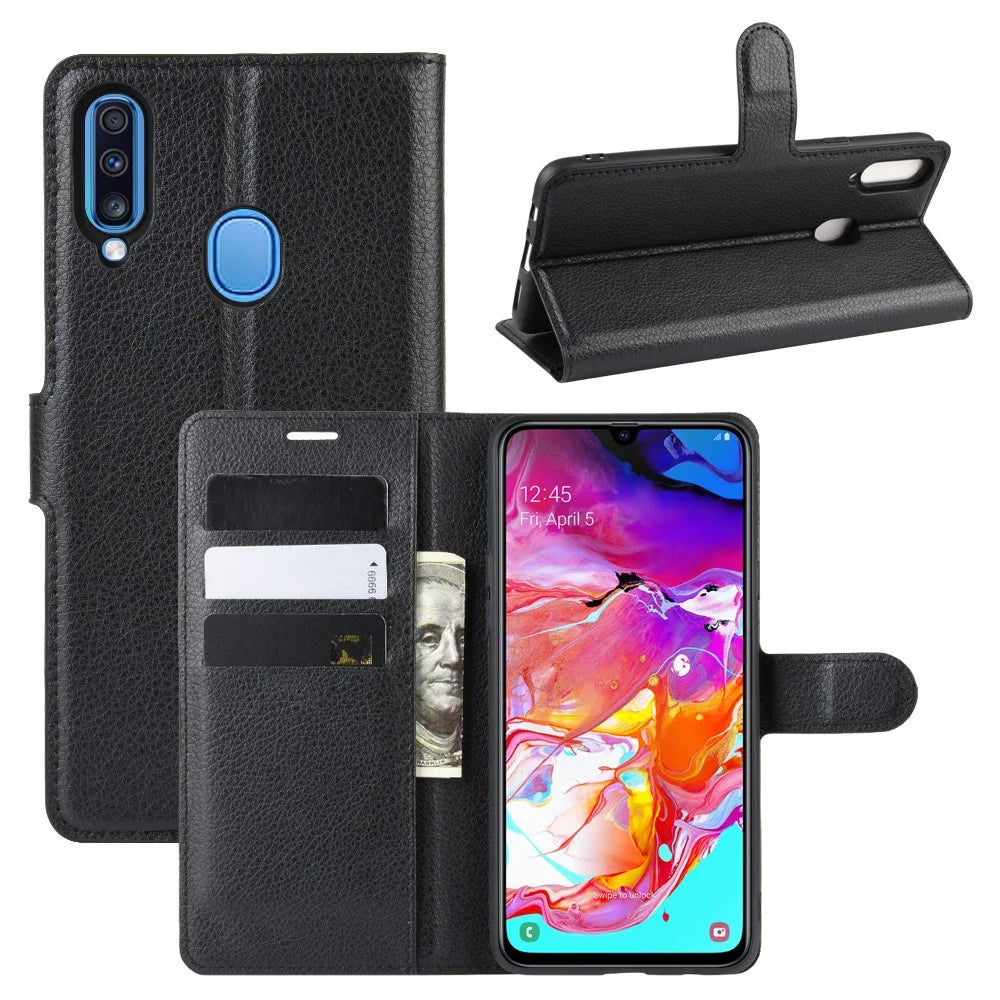 Litchi Skin Wallet Leather Stand Phone Cover for Samsung Galaxy A20s - Black - 1