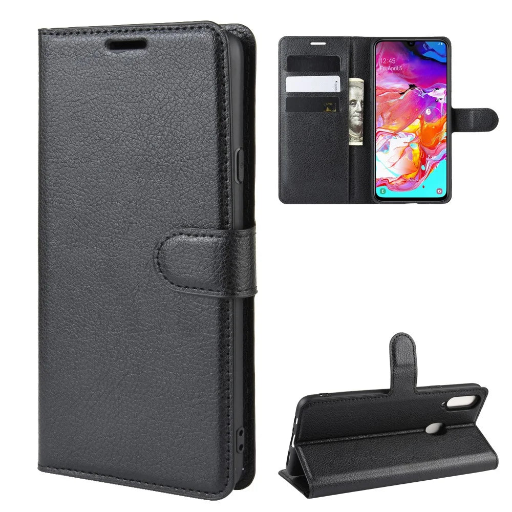 Litchi Skin Wallet Leather Stand Phone Cover for Samsung Galaxy A20s - Black - 2