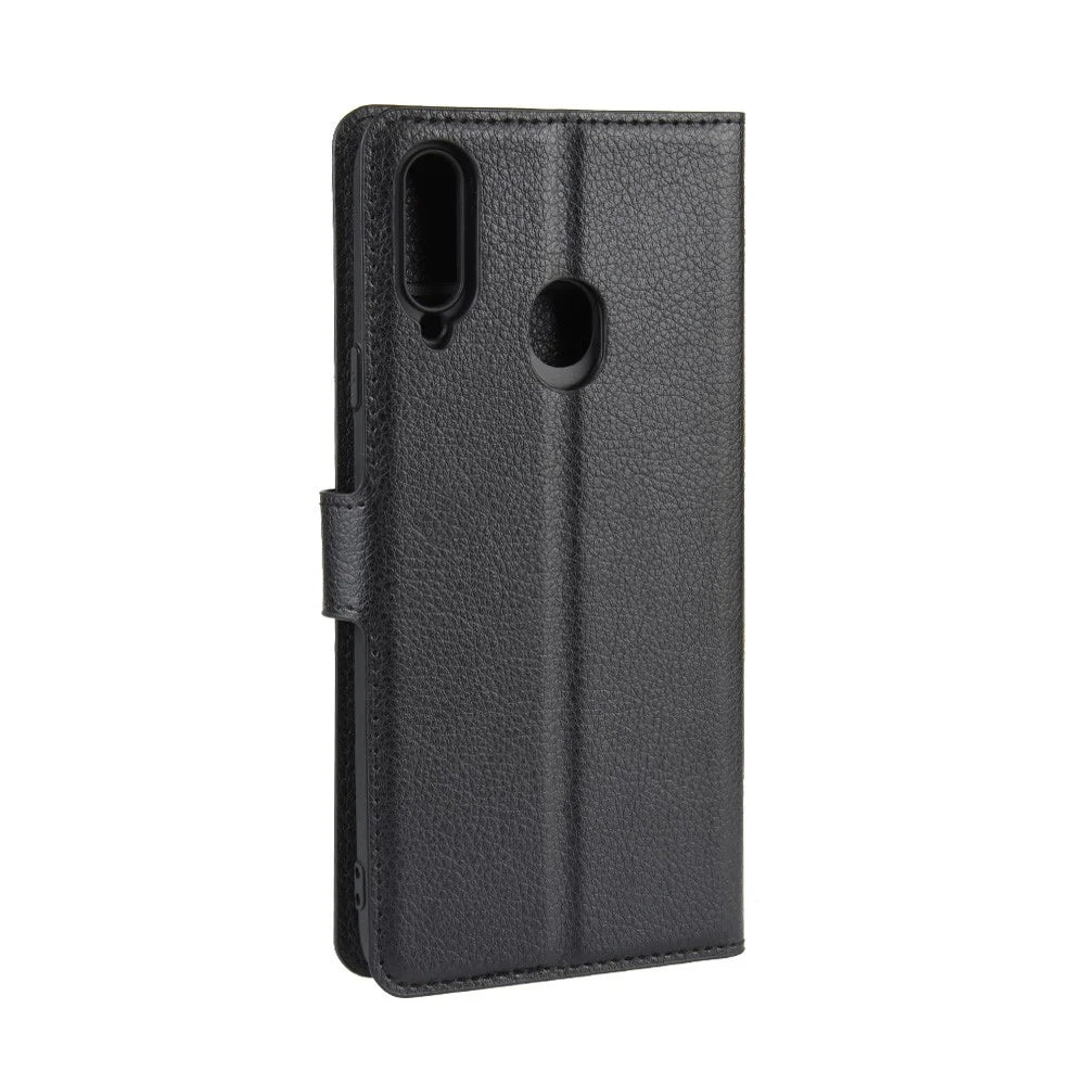 Litchi Skin Wallet Leather Stand Phone Cover for Samsung Galaxy A20s - Black - 4