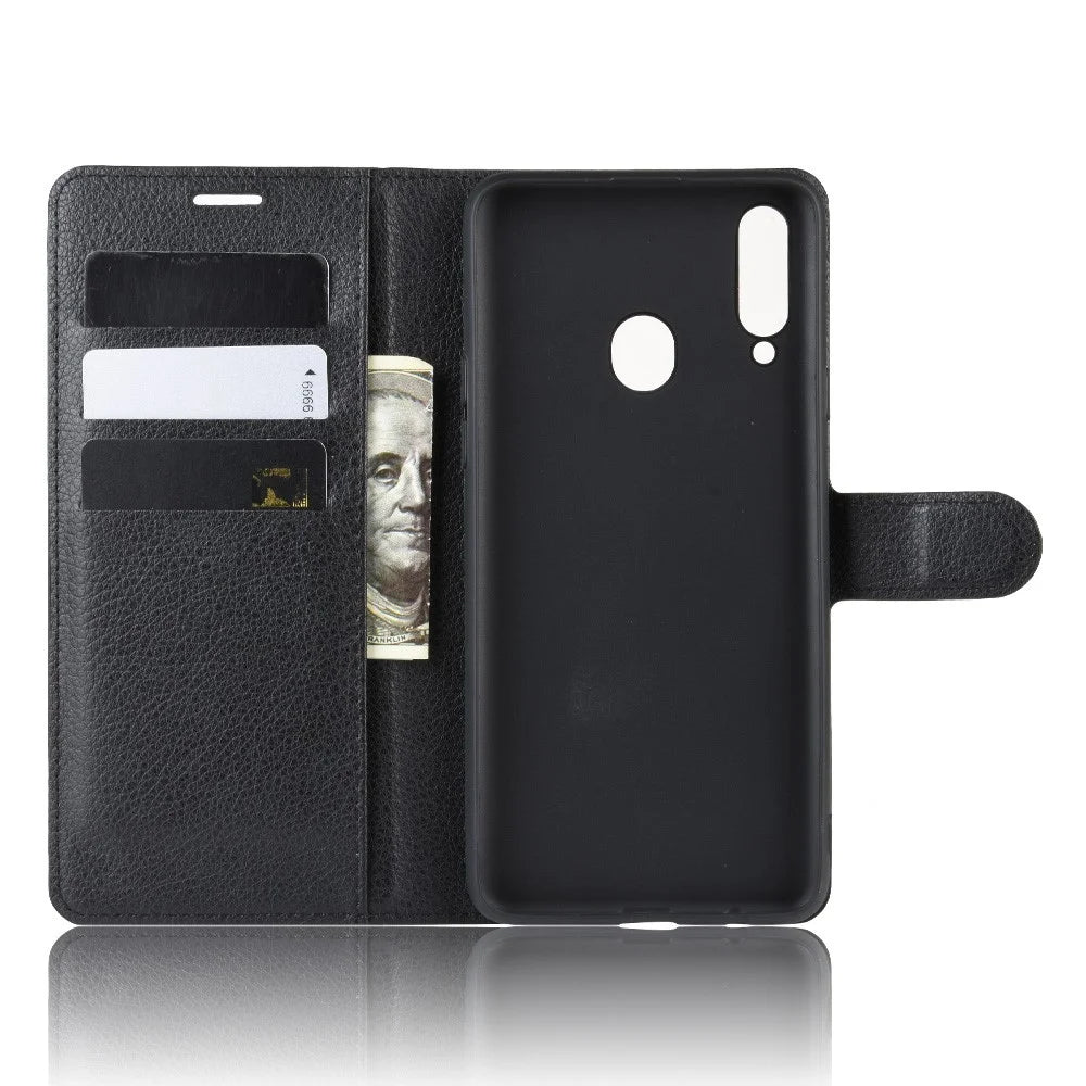 Litchi Skin Wallet Leather Stand Phone Cover for Samsung Galaxy A20s - Black - 5