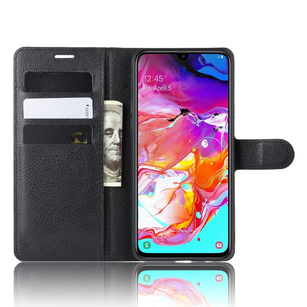 Litchi Skin Wallet Leather Stand Phone Cover for Samsung Galaxy A20s - Black - 6