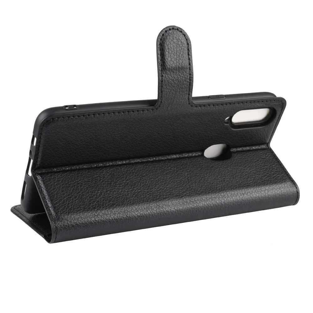 Litchi Skin Wallet Leather Stand Phone Cover for Samsung Galaxy A20s - Black - 7