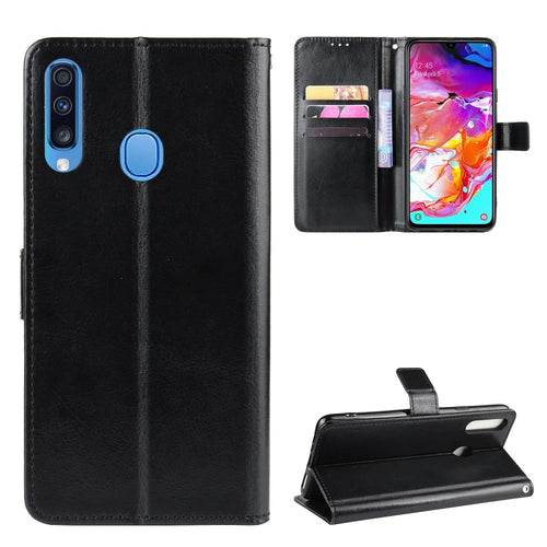 Crazy Horse Skin Wallet Leather Protective Cover with Stand for Samsung Galaxy A20s - Black - 1