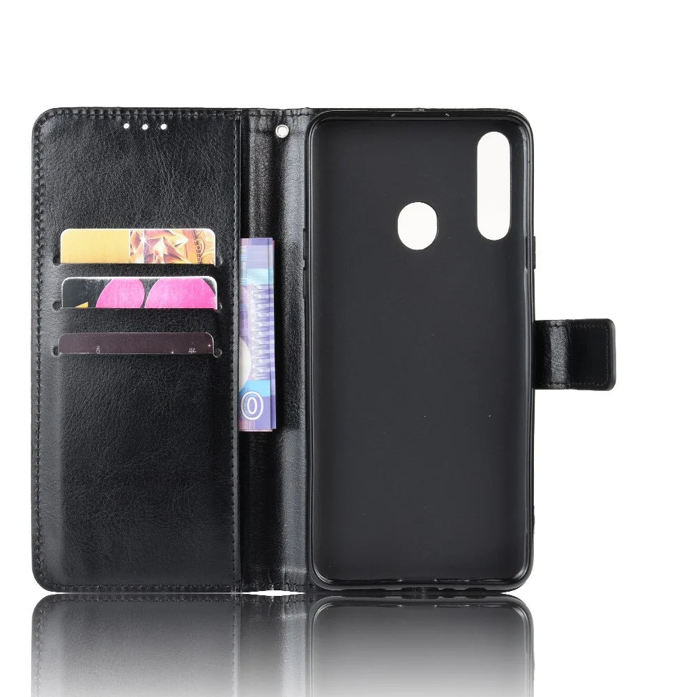 Crazy Horse Skin Wallet Leather Protective Cover with Stand for Samsung Galaxy A20s - Black - 3