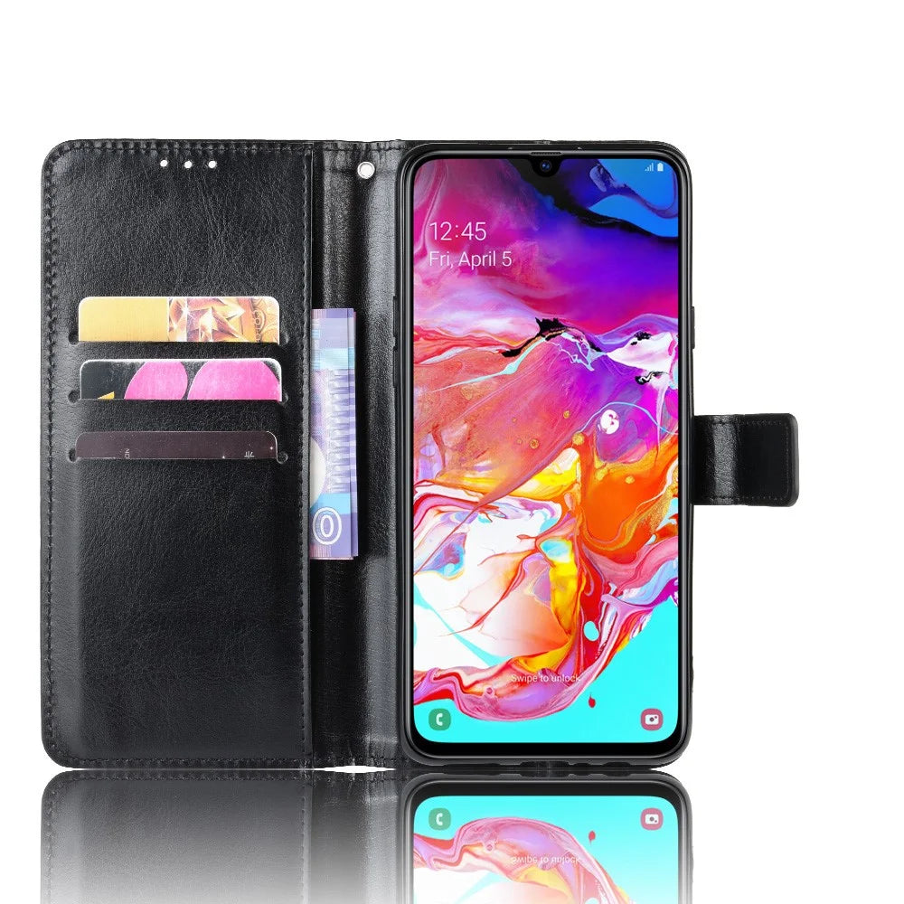 Crazy Horse Skin Wallet Leather Protective Cover with Stand for Samsung Galaxy A20s - Black - 4