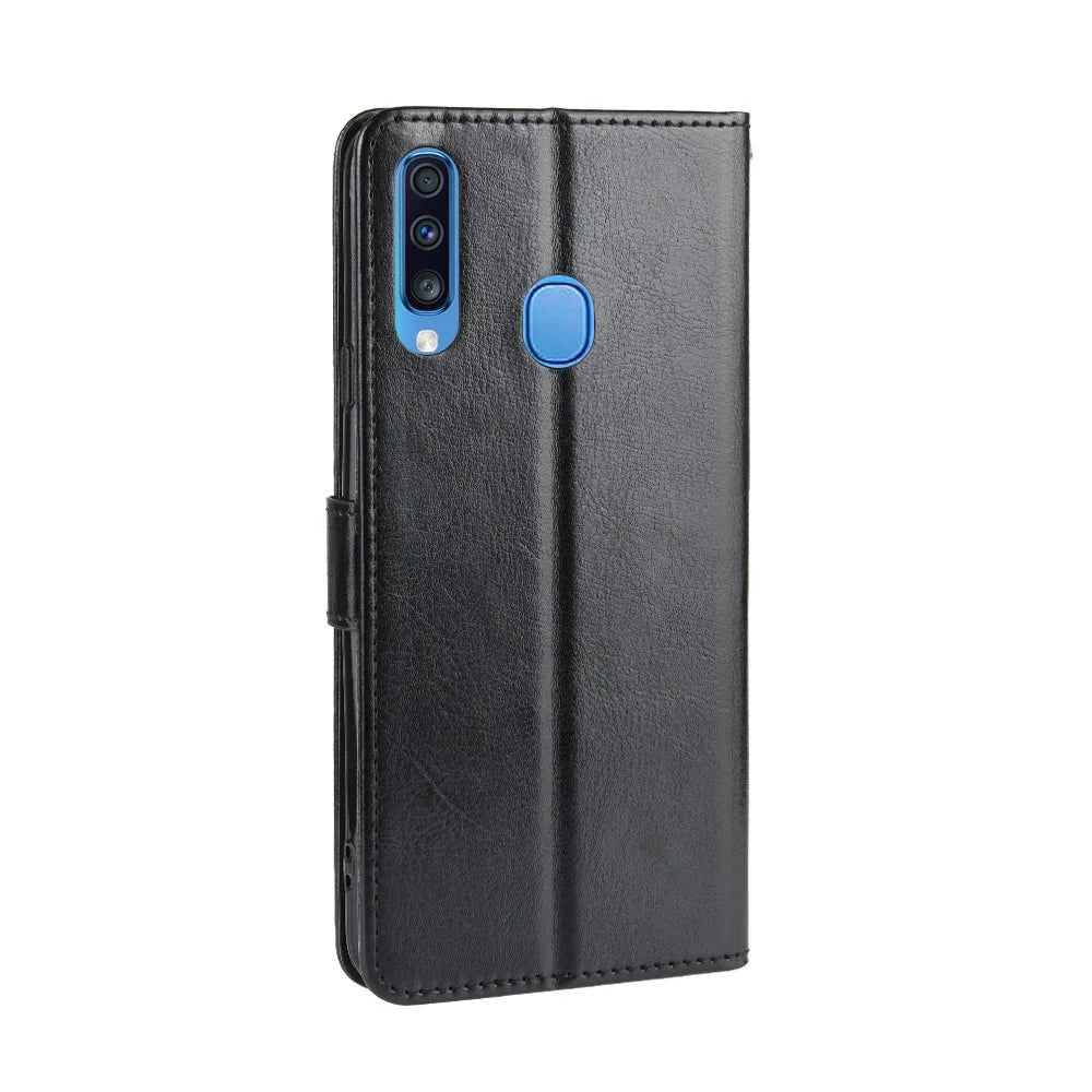 Crazy Horse Skin Wallet Leather Protective Cover with Stand for Samsung Galaxy A20s - Black - 6