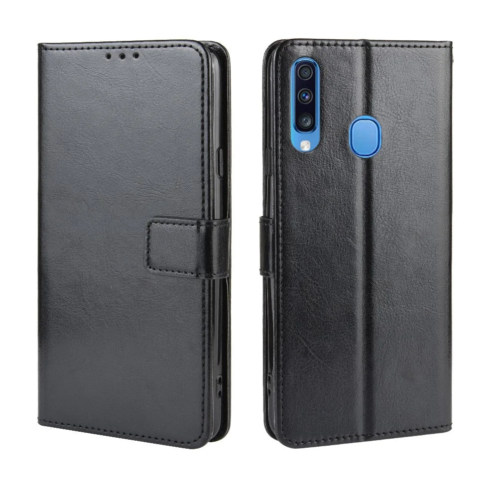 Crazy Horse Skin Wallet Leather Protective Cover with Stand for Samsung Galaxy A20s - Black - 7
