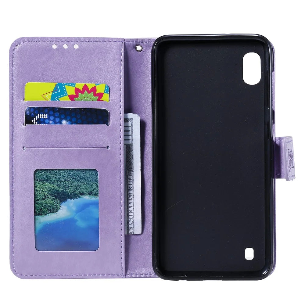Imprint Sakura Cat Leather Wallet Case for Samsung Galaxy A10/M10 - Purple - 3