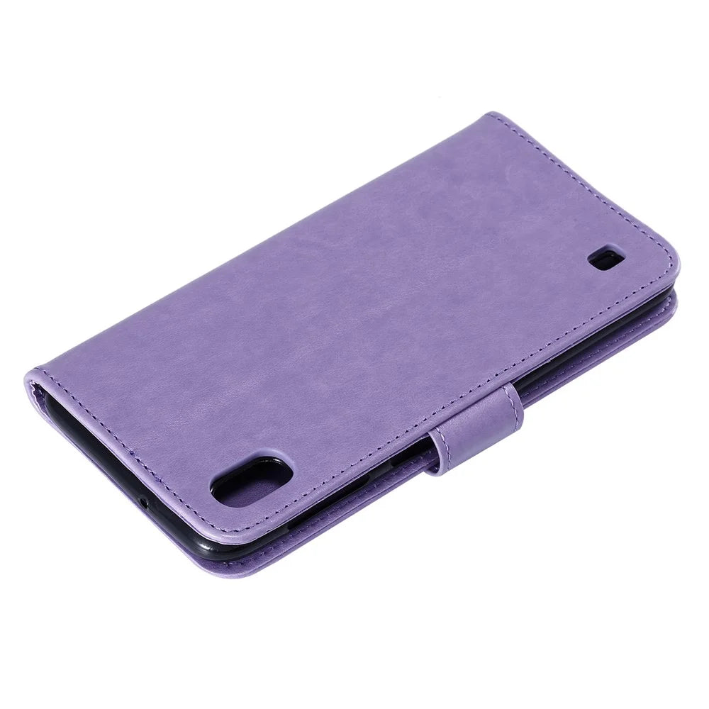 Imprint Sakura Cat Leather Wallet Case for Samsung Galaxy A10/M10 - Purple - 4