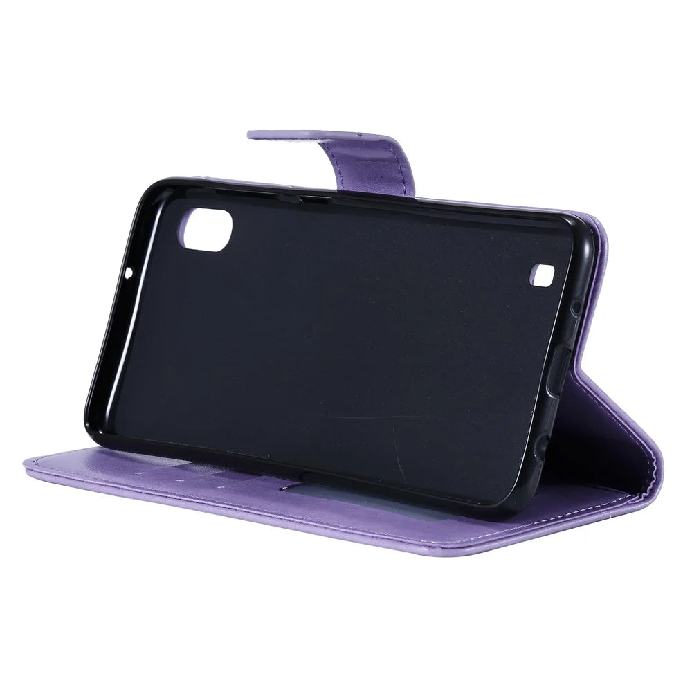 Imprint Sakura Cat Leather Wallet Case for Samsung Galaxy A10/M10 - Purple - 5