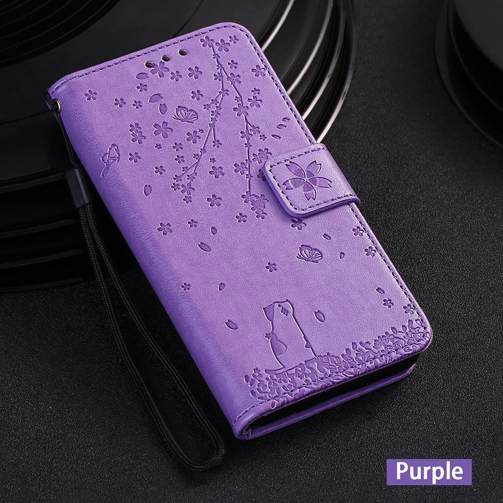 Imprint Sakura Cat Leather Wallet Case for Samsung Galaxy A10/M10 - Purple - 6