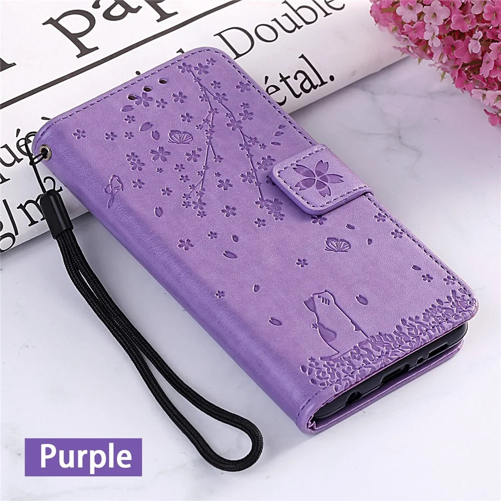 Imprint Sakura Cat Leather Wallet Case for Samsung Galaxy A10/M10 - Purple - 7