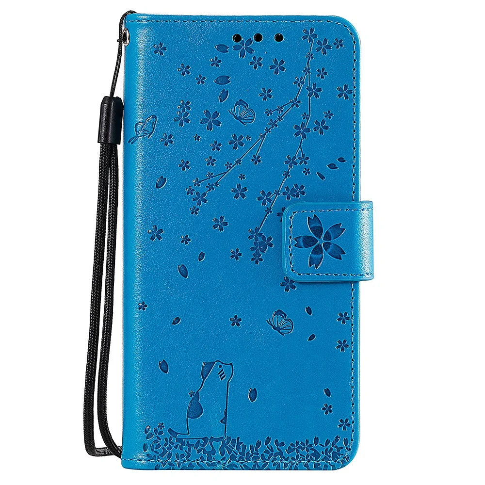 Imprint Sakura Cat Leather Wallet Case Cover for Samsung Galaxy A20e/A10e - Blue - 1