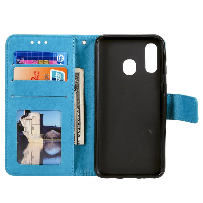 Imprint Sakura Cat Leather Wallet Case Cover for Samsung Galaxy A20e/A10e - Blue - 3