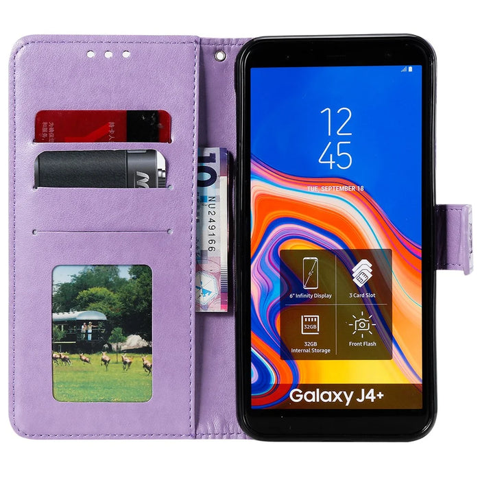 Imprint Flower Leather Wallet Cell Phone Casing for Samsung Galaxy J4+ - Purple - 3