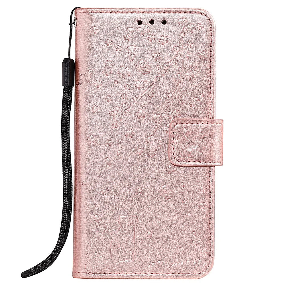Imprint Flower and Cat Wallet Stand Leather Phone Cover for Samsung Galaxy J6 Plus - Rose Gold - 1